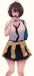 Rule 34 | 1girl, absurdres, ahoge, arm behind back, azur lane, bag, baltimore (after-school ace) (azur lane), baltimore (azur lane), beige cardigan, black necktie, black skirt, blush, braid, breasts, brown hair, cardigan, cardigan around waist, cellphone, cleavage, clothes around waist, collarbone, collared shirt, commentary request, covered mouth, cowboy shot, french braid, furrowed brow, hair between eyes, highres, holding, holding phone, keidai 3, large breasts, looking at viewer, loose necktie, necktie, phone, pleated skirt, school bag, school uniform, shirt, short hair, short sleeves, sidelocks, simple background, skirt, smartphone, solo, standing, white background, white shirt, yellow eyes