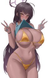 1girl ahoge alternate_costume bikini black_hair blue_archive blue_nails blue_tank_top blush breasts clothes_lift collarbone dark-skinned_female dark_skin double_v front-tie_bikini_top front-tie_top gradient_hair halo hands_up highleg highleg_bikini highres huge_breasts karin_(blue_archive) kuavera lifting_own_clothes long_hair looking_at_viewer mouth_hold multicolored_hair nail_polish navel sideboob simple_background solo stomach sweat swimsuit tank_top thick_thighs thighs underboob v very_long_hair white_background yellow_bikini yellow_eyes