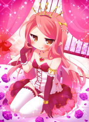 Rule 34 | 1girl, :q, bad id, bad pixiv id, bare shoulders, blush, brown eyes, curtains, dress, elbow gloves, garter straps, gloves, heart, heart necklace, long hair, necklace, original, pink hair, pointy ears, ringo yuyu, single elbow glove, single glove, sitting, solo, thighhighs, tiara, tongue, tongue out, white thighhighs, wings