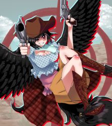 Rule 34 | 1girl, black hair, black wings, blue neckwear, blue shirt, blue sky, boots, breasts, brown hat, cleavage, cloud, cowboy boots, cowboy hat, crosshair, desert, dual wielding, feathered wings, grin, gun, handgun, hat, holding, horse tail, kurokoma saki, large breasts, looking at viewer, pink shirt, plaid, red eyes, revolver, shirt, skirt, sky, smile, solo, sunnysideup, tail, touhou, undershirt, weapon, wily beast and weakest creature, wings, yellow skirt