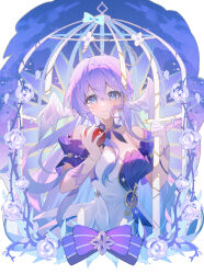 1girl absurdres bare_shoulders birdcage blue_eyes bow bracelet breasts cage choker cleavage closed_mouth commentary_request detached_sleeves dress flower food fruit gloves hair_between_eyes halo head_wings highres holding holding_food holding_fruit honkai:_star_rail honkai_(series) jewelry jia_ri_fan_mai_ji long_hair looking_at_viewer pearl_bracelet purple_bow purple_choker purple_dress purple_hair purple_sleeves robin_(honkai:_star_rail) smile solo strapless strapless_dress upper_body very_long_hair white_dress white_flower white_gloves white_wings wings