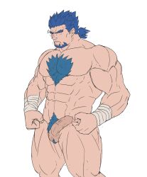 Rule 34 | 1boy, absurdres, bara, blue hair, bucchigiri, clenched hands, completely nude, erection, facial hair, facing ahead, feet out of frame, flat color, foreskin, forked eyebrows, goatee, highres, kenchiro (bucchigiri), large pectorals, low ponytail, male focus, male pubic hair, mature male, minatsumi, muscular, muscular male, navel, nipples, nude, pectorals, penis, pubic hair, shaded face, short hair, short ponytail, solo, spiked hair, standing, thick chest hair, thick eyebrows, thighs, trembling