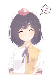 Rule 34 | 1girl, black hair, black ribbon, closed eyes, crossed arms, eighth note, facing viewer, grin, hat, head tilt, highres, kanpa (campagne 9), leaf print, musical note, neck ribbon, pointy ears, pom pom (clothes), red hat, ribbon, shameimaru aya, short hair, simple background, smile, solo, speech bubble, spoken musical note, teeth, tokin hat, touhou, two-tone shirt, upper body, white background