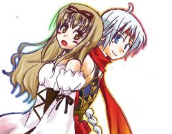 Rule 34 | 1boy, 1girl, bare shoulders, blonde hair, blue eyes, blush, brown eyes, brown hair, couple, detached sleeves, dress, dutch angle, freyjadour falenas, gensou suikoden, gensou suikoden v, headband, long hair, long sleeves, looking at viewer, luserina barows, red scarf, ribbon, scarf, shimotsuki akio, silver hair, simple background, smile, upper body, white background, white dress