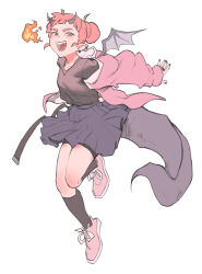 Rule 34 | 1girl, arms behind head, bike shorts under skirt, black nails, black socks, breath weapon, breathing fire, chinese zodiac, commentary, dragon girl, dragon horns, dragon tail, dragon wings, earclip, english commentary, eyebrow cut, fangs, fire, floating clothes, full body, grey skirt, hair bun, highres, horns, jacket, jumping, kneehighs, long sleeves, looking at viewer, miniskirt, nail polish, off shoulder, open clothes, open jacket, open mouth, orange eyes, original, outstretched arms, pink footwear, pink jacket, pleated skirt, pointy ears, red hair, rich s, shoes, simple background, single hair bun, skirt, socks, solo, tail, updo, v-neck, white background, wings, year of the dragon