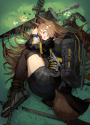 Rule 34 | 1girl, absurdres, animal ears, arknights, backpack, bag, black footwear, black jacket, black socks, black skirt, blush, boots, breasts, brown hair, ceobe (arknights), commentary request, dog ears, dog tail, drooling, closed eyes, fang, fangs, fetal position, flower, from above, full body, grass, hatchet, highres, jacket, kneehighs, long hair, lying, mannouyakunta, medium breasts, miniskirt, on side, open mouth, saliva, skin fang, skirt, sleeping, smile, socks, solo, staff, strap, sword, tail, thighs, weapon