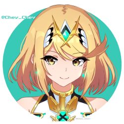 Rule 34 | 1girl, alternate hair length, alternate hairstyle, bare shoulders, blonde hair, chest jewel, cheychev, closed mouth, earrings, hair ornament, highres, jewelry, looking at viewer, mythra (xenoblade), short hair, smile, solo, swept bangs, twitter username, xenoblade chronicles (series), xenoblade chronicles 2, yellow eyes