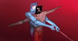 Rule 34 | 2boys, blue skin, colored skin, extra arms, gradient background, highres, holding, holding polearm, holding weapon, hug, hug from behind, lance of longinus (evangelion), multiple boys, neon genesis evangelion, nude, object head, outstretched arms, parody, personification, polearm, shiburingaru, spear, spread arms, twitter, twitter bird, twitter logo, weapon