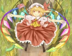 Rule 34 | 1girl, ascot, bag, blonde hair, bunchou (bunchou3103), dirty, dress, female focus, flandre scarlet, grass, open mouth, outstretched arms, rainbow order, red dress, red eyes, shoulder bag, side ponytail, smile, solo, embodiment of scarlet devil, touhou, wings