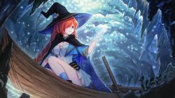 Rule 34 | 1girl, boat, breasts, cave, cleavage, commission, commissioner upload, destiny (riftdevils), gloves, hair over one eye, hat, highres, naozi, night, original, red eyes, red hair, scenery, sitting, smile, solo, watercraft, white gloves, witch, witch hat