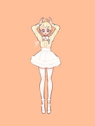 Rule 34 | 1girl, arms up, blonde hair, full body, grey eyes, hair ornament, hairclip, highres, kisaragi yuu (fallen sky), long sleeves, looking at viewer, open mouth, orange background, original, pantyhose, shirt, shoes, short hair, signature, simple background, solo, standing, white footwear, white pantyhose, yellow shirt