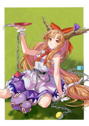 Rule 34 | 1girl, absurdres, alucard pie, arm up, blunt bangs, blush, border, bow, bowtie, chain, closed mouth, commentary request, cup, foot out of frame, gourd, hair bow, hand on ground, highres, horn ornament, horn ribbon, horns, ibuki suika, long hair, looking at viewer, oni horns, orange eyes, orange hair, purple skirt, red bow, red bowtie, ribbon, sakazuki, shirt, sitting, skirt, smile, solo, torn clothes, torn sleeves, touhou, white border, white shirt, wrist cuffs, yokozuwari
