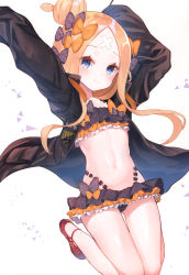 Rule 34 | 1girl, abigail williams (emerald float) (fate), abigail williams (fate), abigail williams (traveling outfit) (fate), absurdres, arms up, bandaid, bandaid on face, bandaid on forehead, belt, bikini, black bikini, black bow, black jacket, blonde hair, blue eyes, blush, bow, breasts, closed mouth, collarbone, crossed bandaids, emerald float, fate/grand order, fate (series), forehead, frilled bikini, frills, hair bow, hair bun, heroic spirit traveling outfit, highres, jacket, jumping, long hair, looking at viewer, multiple bows, official alternate costume, open clothes, open jacket, orange belt, orange bow, parted bangs, polka dot, polka dot bow, red footwear, single hair bun, sleeves past fingers, sleeves past wrists, small breasts, smile, solo, suzuho hotaru, swimsuit, thighs, white background