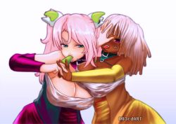 Rule 34 | 2girls, 83rdart, asymmetrical docking, blonde hair, breast contest, breast press, breasts, choker, cleavage, dark-skinned female, dark skin, dreadlocks, large breasts, multiple girls, pink hair, ponytail, tongue, tongue out, twintails, wet, wet clothes, yuri