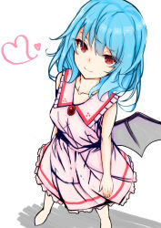Rule 34 | 1girl, absurdres, arms at sides, bad id, bad pixiv id, bat wings, blue hair, brooch, collarbone, dress, from above, heart, highres, jewelry, light smile, looking at viewer, looking up, no headwear, pink dress, red eyes, remilia scarlet, simple background, sleeveless, sleeveless dress, solo, tohochang, touhou, white background, wings