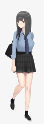 Rule 34 | 1girl, bag, black eyes, black footwear, black hair, black skirt, black socks, blue necktie, blue shirt, blunt bangs, breast pocket, breasts, clenched hand, collarbone, collared shirt, full body, highres, hin0428, light blush, long hair, looking to the side, mary janes, medium breasts, necktie, original, plaid, plaid skirt, pleated skirt, pocket, school bag, school uniform, shirt, shirt tucked in, shoes, simple background, skirt, smile, socks, solo, striped necktie, uniform, white background