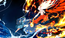 Rule 34 | backpack, bag, baggy pants, blue eyes, blue footwear, blue hair, blue shirt, blue skirt, boots, bow, brown footwear, clenched hands, collared shirt, cross-laced footwear, duel, fighting, fire, flying kick, from side, fujiwara no mokou, full body, green headwear, grin, hair bobbles, hair bow, hair ornament, highres, hydrokinesis, kawashiro nitori, key, kicking, long sleeves, looking at another, open mouth, pants, pyrokinesis, red eyes, red pants, rubber boots, shirt, short sleeves, skirt, smile, suspenders, touhou, water, waves, white bow, white hair, white shirt, xianjian lingluan