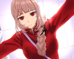Rule 34 | 1girl, braid, chemi, close-up, fate/grand order, fate (series), florence nightingale (fate), from below, girl on top, long hair, looking at viewer, pink hair, pov, red eyes, red shirt, shirt, smile, solo