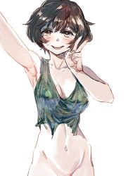 Rule 34 | 1girl, akiyama yukari, arm up, armpit crease, armpits, bare arms, bare shoulders, blush, bob cut, bottomless, bow (bhp), breasts, brown eyes, brown hair, cleavage, cleft of venus, collarbone, crop top, girls und panzer, green tank top, groin, half-closed eyes, hand up, hip bones, large breasts, looking at viewer, mons pubis, navel, no bra, out-of-frame censoring, outstretched arm, pussy, reaching, reaching towards viewer, selfie, short hair, simple background, sketch, sleeveless, smile, solo, standing, stomach, sweatdrop, tank top, torn clothes, torn tank top, uncensored, v, white background