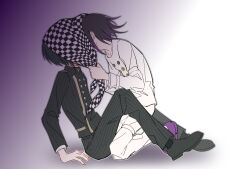 Rule 34 | 2boys, black footwear, black hair, black jacket, black pants, buttons, checkered neckerchief, danganronpa (series), danganronpa v3: killing harmony, double-breasted, flipped hair, from side, highres, holding neckerchief, implied kiss, jacket, long sleeves, male focus, multicolored hair, multiple boys, neckerchief, oma kokichi, pants, purple background, purple footwear, purple hair, saihara shuichi, shoes, sitting, striped clothes, striped jacket, striped pants, two-tone hair, unworn neckerchief, white background, white jacket, xia nu xiao fang, yaoi