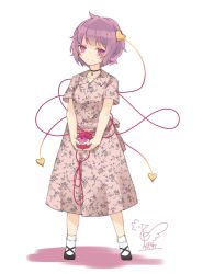 Rule 34 | 1girl, alternate costume, black choker, black footwear, blush, breasts, choker, collarbone, commentary request, cross-laced footwear, dress, floral print, full body, hair ornament, heart, heart hair ornament, highres, holding, komeiji satori, no nose, pink dress, pink eyes, purple hair, shadow, shoes, short hair, short sleeves, signature, simple background, small breasts, solo, standing, third eye, touhou, toutenkou, white background