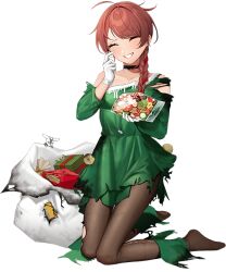 Rule 34 | 1girl, box, braid, breasts, christmas, christmas tree costume, christmas tree hat, closed eyes, cookie, dress, food, full body, gift, gift box, green dress, hoshiakari (c2 kikan), kantai collection, large breasts, long hair, looking at viewer, nevada (kancolle), official art, pantyhose, red eyes, red hair, sack, smile, solo, torn clothes, transparent background, turret