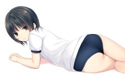 Rule 34 | 1girl, aoyama sumika, ass, black hair, brown eyes, buruma, coffee-kizoku, commentary request, expressionless, from behind, gym uniform, looking at viewer, looking back, lying, original, own hands together, panties, panty peek, short hair, short sleeves, simple background, solo, underwear, white background, white panties