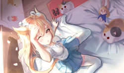 Rule 34 | 1girl, absurdres, animal ears, arm up, bed, blonde hair, blue skirt, blush, bow, breasts, brown eyes, brown footwear, cat ears, cat girl, cat tail, collared shirt, commentary request, feet out of frame, final fantasy, final fantasy xiv, from above, hair between eyes, hair bow, highres, icefurs, indoors, loafers, long hair, looking at viewer, looking up, medium breasts, miqo&#039;te, no shoes, on bed, one eye closed, parted lips, petals, pleated skirt, shirt, shoes, unworn shoes, short sleeves, sitting, skirt, solo, tail, thighhighs, wariza, white bow, white shirt, white thighhighs, wooden floor