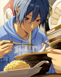 Rule 34 | 1boy, blue eyes, blue hair, blue hoodie, blue nails, chopsticks, commentary request, drawstring, eating, egg, fingernails, food, food in mouth, fried rice, hair between eyes, highres, holding, holding chopsticks, hood, hood down, hoodie, kaito (vocaloid), light blush, male focus, nokuhashi, noodles, ramen, rice, short hair, solo, upper body, vocaloid