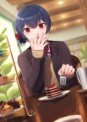 Rule 34 | 1girl, black jacket, blazer, blue hair, blurry, blurry background, blurry foreground, bow, bowtie, cake, coffee mug, commentary, covering own mouth, cup, depth of field, dress shirt, dutch angle, food, fork, hair ribbon, highres, holding, holding fork, idolmaster, idolmaster shiny colors, indoors, jacket, kamille (vcx68), lens flare, looking at viewer, macaron, morino rinze, mug, open mouth, pink bow, pink bowtie, red eyes, red ribbon, ribbon, shirt, short hair, solo, sweater, tiered tray, white shirt, yellow sweater