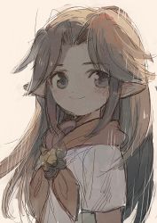 Rule 34 | 1girl, aoki (fumomo), blush, brown hair, brown neckerchief, closed mouth, grey shirt, long hair, looking at viewer, malon, neckerchief, nintendo, parted bangs, pointy ears, shirt, short sleeves, sketch, smile, solo, the legend of zelda, upper body