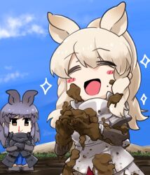 Rule 34 | 2girls, armor, aw r0s, black hair, black rhinoceros (kemono friends), blonde hair, blood, blue sky, blush stickers, brown eyes, chibi, closed eyes, closed mouth, crossed arms, day, dirty, dirty clothes, dirty face, gauntlets, hair ears, happy, kemono friends, long hair, long sleeves, looking at another, mud, multiple girls, nosebleed, open mouth, outdoors, parted bangs, pauldrons, shoulder armor, sky, smile, sparkle, thighhighs, white rhinoceros (kemono friends)