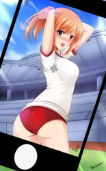 Rule 34 | &gt;:o, 1girl, :o, ace academy, adjusting hair, arms up, ass, blush, breasts, buruma, cellphone, cowboy shot, day, gym uniform, highres, itami kaori, large breasts, looking at viewer, nose blush, open mouth, orange eyes, orange hair, phone, ponytail, short hair, short sleeves, smartphone, solo, stadium, sunlight, sweat, the-sinner, v-shaped eyebrows, viewfinder