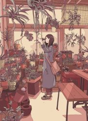 Rule 34 | 1girl, 456, arm up, bag, bamboo screen, bench, black eyes, black hair, bucket, cloud, coat, flat color, hanging plant, indoors, long hair, muted color, original, pants, pants rolled up, plant, potted plant, satchel, shoes, sky, sneakers, solo, table, window, winter clothes, winter coat