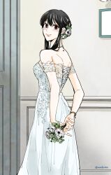 Rule 34 | 1girl, absurdres, akdk831, arms behind back, bare shoulders, black hair, blush, bouquet, bracelet, breasts, bride, brown eyes, cowboy shot, dress, flower, hair between eyes, hair flower, hair ornament, hair up, highres, holding, holding bouquet, indoors, jewelry, lace sleeves, long dress, looking at viewer, looking back, medium breasts, necklace, off-shoulder dress, off shoulder, sidelocks, smile, solo, spy x family, twitter username, wedding dress, white dress, yor briar