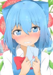 Rule 34 | 1girl, blue dress, blue eyes, blue hair, blush, bow, bright pupils, cirno, clenched teeth, commentary, crying, crying with eyes open, dress, envelope, floral background, flower, full-face blush, grimace, hair between eyes, hair bow, hands on own chest, head tilt, hibiscus, highres, holding, holding envelope, leaf, letter, love letter, mizune (winter), pinafore dress, shirt, short hair, sleeveless dress, solo, tears, teeth, thick eyebrows, touhou, upper body, white background, white pupils, white shirt, wing collar, wings