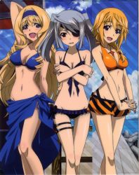 Rule 34 | 10s, 3girls, :d, absurdres, arm up, bare shoulders, bikini, bikini skirt, bleed through, blonde hair, blue bikini, blue eyes, blush, bracelet, braid, breast hold, breasts, cecilia alcott, charlotte dunois, cleavage, covering privates, covering breasts, embarrassed, eyepatch, front-tie top, groin, hairband, hashimoto takayoshi, highres, infinite stratos, jewelry, laura bodewig, lips, long hair, multiple girls, navel, official art, open mouth, pendant, purple eyes, red eyes, sarong, scan, scan artifacts, side-tie bikini bottom, silver hair, smile, swimsuit, thigh gap, thigh strap, twintails