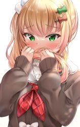 Rule 34 | 1girl, blonde hair, blush, brown sweater, green eyes, hair ornament, hair over face, hairclip, highres, hololive, lomocya, long sleeves, momosuzu nene, momosuzu nene (casual), red neckwear, simple background, solo, sweater, virtual youtuber, white background