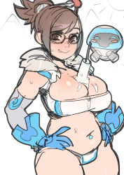 Rule 34 | 1girl, :q, adapted costume, bad id, bad pixiv id, bandeau, between breasts, bikini, black-framed eyewear, breasts, brown eyes, brown hair, cleavage, detached sleeves, female focus, food, glasses, gloves, hair bun, hair ornament, hair stick, hands on own hips, highres, large breasts, looking at viewer, maniacpaint, mei (overwatch), navel piercing, overwatch, overwatch 1, panties, phallic symbol, piercing, plump, popsicle, robot, sexually suggestive, short hair, simple background, single hair bun, sketch, smile, snowball (overwatch), solo, strapless, swimsuit, thick thighs, thighs, tongue, tongue out, tube top, underwear, white background, white panties