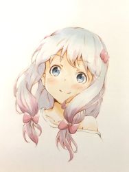 Rule 34 | 10s, 1girl, blue eyes, blush, bow, collarbone, colored pencil (medium), commentary request, eromanga sensei, hair bow, hair ribbon, highres, izumi sagiri, long hair, looking at viewer, pink bow, pink ribbon, portrait, ribbon, shirt, silver hair, simple background, smile, solo, to ufu@to ufu, traditional media
