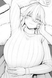 Rule 34 | 1girl, ahoge, artoria pendragon (all), artoria pendragon (fate), artoria pendragon (lancer) (fate), artoria pendragon (swimsuit ruler) (fate), blush, breasts, character request, closed mouth, commentary, fate/grand order, fate (series), greyscale, hair between eyes, hair down, hand up, highres, huge breasts, long sleeves, looking at viewer, lvl (sentrythe2310), monochrome, pov, pov hands, ribbed sweater, smile, solo focus, sweater, symbol-only commentary, upper body