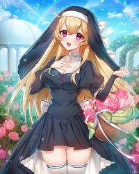 Rule 34 | 1girl, :d, arch, basket, bird, black dress, blonde hair, blue sky, blush, coif, commission, dress, flower, garden, habit, hand on own chest, head tilt, long hair, long sleeves, looking at viewer, munlu (wolupus), nun, open mouth, original, outdoors, purple eyes, rainbow, red flower, red rose, rose, signature, skeb commission, sky, smile, solo, thighhighs, white thighhighs