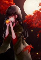 Rule 34 | 1girl, black hair, closed mouth, commentary request, epiphyllum, closed eyes, final fantasy, final fantasy xiv, food, fruit, full moon, hakama, hands up, highres, hime cut, japanese clothes, kimono, kohina27831, leaf, lips, lipstick, long hair, makeup, maple leaf, maple tree, mole, mole under mouth, moon, night, night sky, outdoors, persimmon, sidelocks, signature, sky, solo, tree, wind, yellow moon, yotsuyu goe brutus