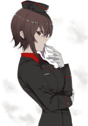 Rule 34 | 10s, 1girl, arm grab, biting, black hat, black jacket, brown eyes, brown hair, dress shirt, from side, garrison cap, girls und panzer, glove biting, gloves, hat, jacket, long sleeves, looking at viewer, military, military hat, military uniform, mouth hold, nesume, nishizumi maho, red shirt, serious, shirt, short hair, solo, standing, uniform, upper body, white background, white gloves