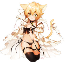 Rule 34 | 1girl, animal ears, anz (starry), black thighhighs, blonde hair, blush, cat ears, cat tail, dress, green eyes, jewelry, looking at viewer, necklace, open clothes, open dress, original, panties, ribbon, short hair, side-tie panties, simple background, solo, tail, thigh strap, thighhighs, underwear