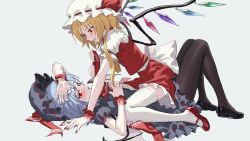 Rule 34 | 2girls, alternate color, ascot, bat wings, black footwear, black hat, black legwear, blonde hair, blue background, blue hair, fkey, flandre scarlet, from side, hat, hat ribbon, highres, incest, long hair, lying, mary janes, miniskirt, mob cap, multiple girls, nail polish, on back, pantyhose, red ascot, red eyes, red footwear, red nails, red ribbon, red skirt, remilia scarlet, ribbon, sash, shoes, short sleeves, siblings, simple background, sisters, sitting, sitting on person, skirt, skirt set, smile, thighhighs, touhou, vest, white hat, white legwear, wings, wrist cuffs