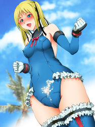 Rule 34 | 1girl, bare shoulders, blonde hair, blue eyes, blue legwear, blush, breasts, cameltoe, censored, cloud, cum, cum on body, cum on clothes, cum on lower body, dead or alive, elbow gloves, covered erect nipples, gloves, highres, legs, leotard, looking away, marie rose, nagai momiage, open mouth, sky, small breasts, smile, solo, standing, thighs, twintails, wide hips