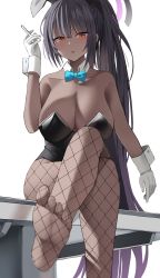 Rule 34 | 1girl, absurdres, black hair, black leotard, black pantyhose, blue archive, blue bow, blue bowtie, blush, bow, bowtie, breasts, cigarette, cleavage, crossed legs, dark-skinned female, dark skin, detached collar, feet, female focus, fishnet pantyhose, fishnets, gloves, halo, highres, karin (blue archive), karin (bunny) (blue archive), large breasts, leotard, looking at viewer, pantyhose, parted lips, playboy bunny, ponytail, red eyes, redshark (t373412), simple background, sitting, soles, solo, white background, white gloves
