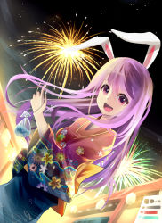 Rule 34 | 1girl, :d, absurdres, aerial fireworks, alternate costume, animal ears, bad id, bad pixiv id, bag, bison cangshu, rabbit ears, dutch angle, female focus, fireworks, fish, goldfish, highres, japanese clothes, kimono, long hair, night, open mouth, pink eyes, purple hair, reisen udongein inaba, smile, solo, touhou