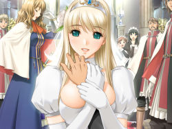 Rule 34 | 3boys, 4girls, aqua eyes, between breasts, blonde hair, blue eyes, blush, breasts squeezed together, breasts, cape, cleavage, crowd, crown, dress, elbow gloves, g.j?, game cg, gloves, huge breasts, multiple boys, multiple girls, pov, princess juliette, queen bonjourno, rizeru, robe, sano toshihide, smile, white gloves